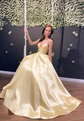 Yellow Satin Long Prom Dresses, A-Line Backless Evening Dresses