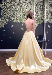 Yellow Satin Long Prom Dresses, A-Line Backless Evening Dresses
