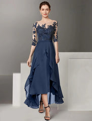 A-Line Mother of the Bride Dress Formal Wedding Guest Elegant High Low Off Shoulder Ankle Length Chiffon Lace Half Sleeve with Pleats Appliques