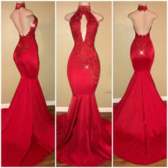 Bling Red High Neck Appliques Sequined Mermaid Prom Dress with Keyhole