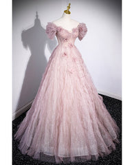 Unique powder blusher pink glitter sequins off shoulder rhinestone applique short sleeve prom dress powder blusher pink A-line princess backless strap long evening dress