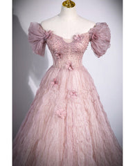 Unique powder blusher pink glitter sequins off shoulder rhinestone applique short sleeve prom dress powder blusher pink A-line princess backless strap long evening dress