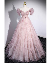 Unique powder blusher pink glitter sequins off shoulder rhinestone applique short sleeve prom dress powder blusher pink A-line princess backless strap long evening dress
