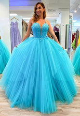 Blue Tulle Lace Long Prom Dresses, A-Line Graduation Dresses