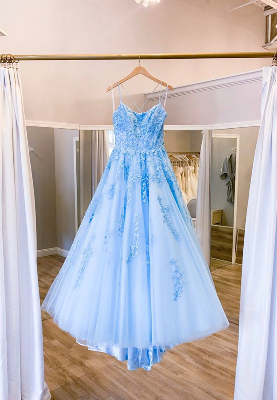 Blue Lace Long Prom Dresses, A-Line Formal Graduation Dresses