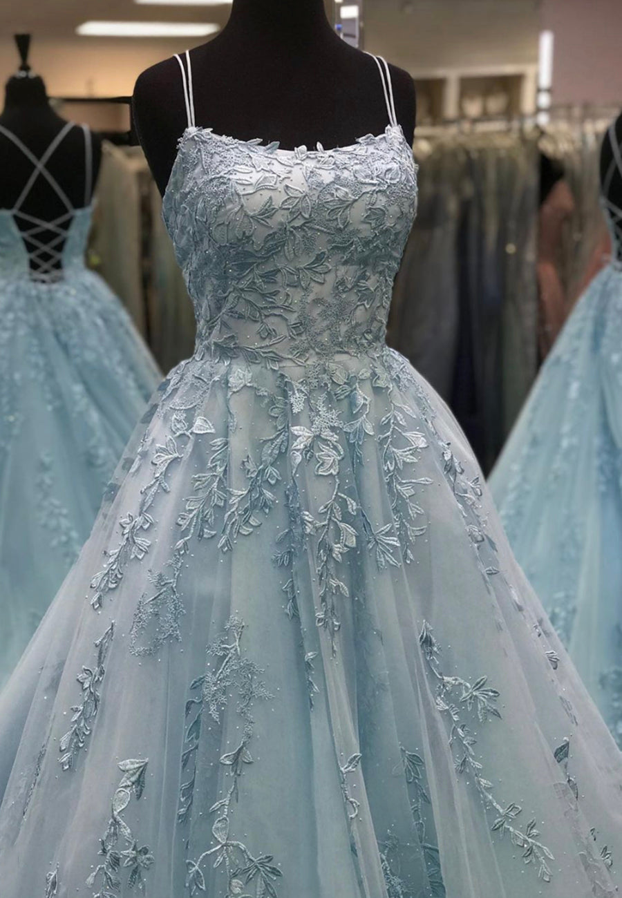 Blue Lace Long Prom Dresses, A-Line Formal Graduation Dresses