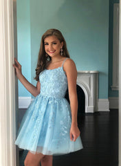 Short Blue Lace A-Line Prom Dresses, A-Line Homecoming Dresses