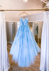 Blue Lace Long Prom Dresses, A-Line Formal Graduation Dresses