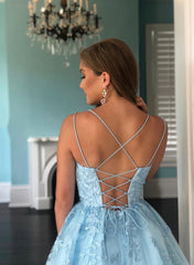 Short Blue Lace A-Line Prom Dresses, A-Line Homecoming Dresses