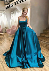 Blue Satin Long Prom Dresses, A-Line Backless Evening Dresses