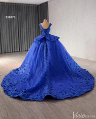 Blue 3D Flower Ball Gown Wedding Dresses Sparkly Off the Shoulder Quinceanera Dress 231075