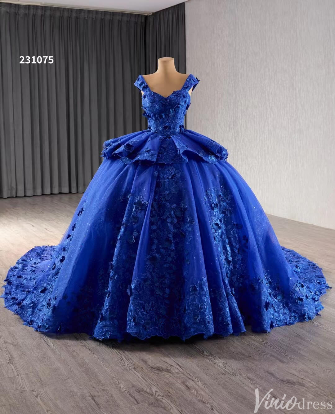 Blue 3D Flower Ball Gown Wedding Dresses Sparkly Off the Shoulder Quinceanera Dress 231075