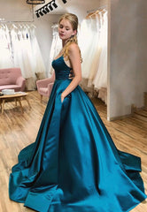 Blue Satin Long Prom Dresses, A-Line Backless Evening Dresses