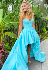 Blue Sweetheart Neck Long Prom Dresses, Blue High Low Evening Dresses