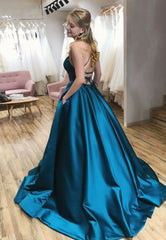 Blue Satin Long Prom Dresses, A-Line Backless Evening Dresses