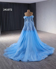 Blue Beaded Lace Wedding Dress Long Sleeve Off the Shoulder Quince Dress 241072
