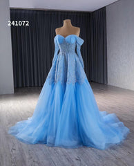 Blue Beaded Lace Wedding Dress Long Sleeve Off the Shoulder Quince Dress 241072