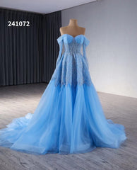 Blue Beaded Lace Wedding Dress Long Sleeve Off the Shoulder Quince Dress 241072