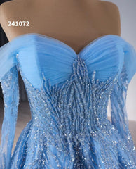 Blue Beaded Lace Wedding Dress Long Sleeve Off the Shoulder Quince Dress 241072