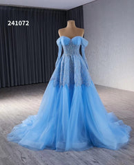 Blue Beaded Lace Wedding Dress Long Sleeve Off the Shoulder Quince Dress 241072