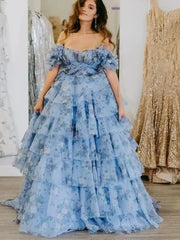 Blue Floral Print Tulle Prom Dresses 2025 Tiered Off the Shoulder Formal Gown - FD5303