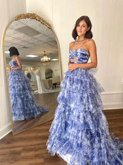 Blue Floral Tulle Tiered Prom Dresses with Spaghetti Straps & 3D Flower - FD5309