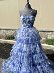 Blue Floral Tulle Tiered Prom Dresses with Spaghetti Straps & 3D Flower - FD5309