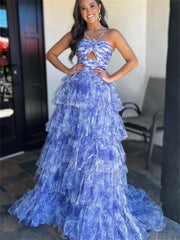 Blue Floral Tulle Tiered Prom Dresses with Spaghetti Straps & 3D Flower - FD5309