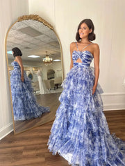 Blue Floral Tulle Tiered Prom Dresses with Spaghetti Straps & 3D Flower - FD5309