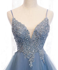 Blue High Low Tulle V-Neck Stracles Robe de fête avec dentelle, robe de retour mignonne