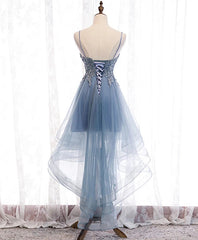 Blue High Low Tulle V-Neck Stracles Robe de fête avec dentelle, robe de retour mignonne