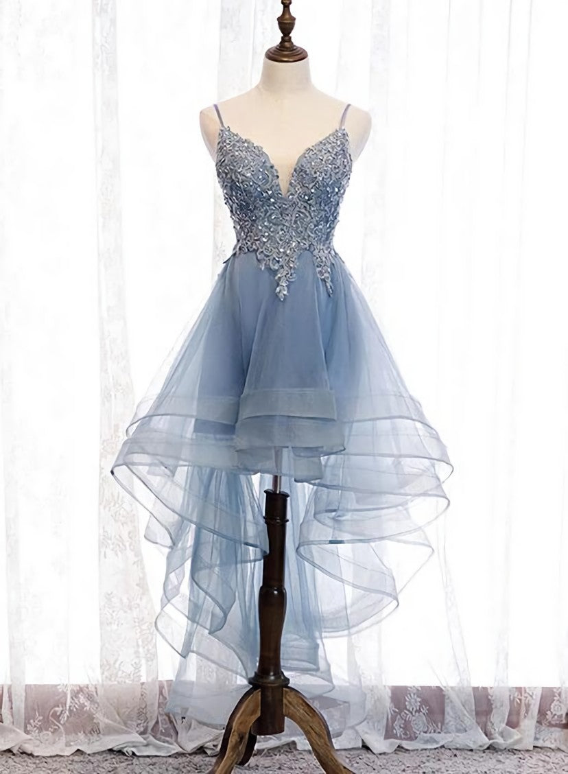 Blue High Low Tulle V-Neck Stracles Robe de fête avec dentelle, robe de retour mignonne