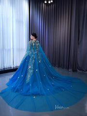 Blue Lace Applique Sweet 16 Ball Gowns Sparkly Tulle Wedding Dresses with Cape 231053