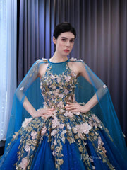 Blue Lace Applique Sweet 16 Ball Gowns Sparkly Tulle Wedding Dresses with Cape 231053