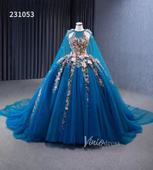Blue Lace Applique Sweet 16 Ball Gowns Sparkly Tulle Wedding Dresses with Cape 231053