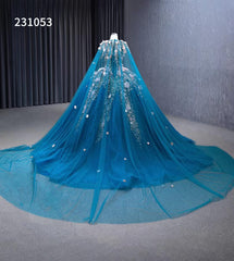 Blue Lace Applique Sweet 16 Ball Gowns Sparkly Tulle Wedding Dresses with Cape 231053