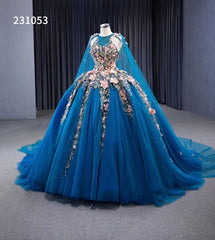 Blue Lace Applique Sweet 16 Ball Gowns Sparkly Tulle Wedding Dresses with Cape 231053