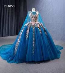 Blue Lace Applique Sweet 16 Ball Gowns Sparkly Tulle Wedding Dresses with Cape 231053