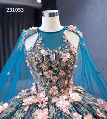 Blue Lace Applique Sweet 16 Ball Gowns Sparkly Tulle Wedding Dresses with Cape 231053