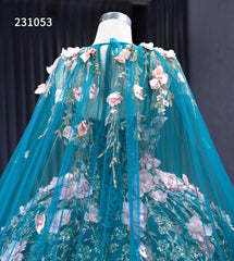 Blue Lace Applique Sweet 16 Ball Gowns Sparkly Tulle Wedding Dresses with Cape 231053