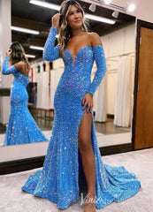 Blue Mermaid Sequin Prom Dress with Long Sleeve, Slit, and Sweetheart Neck FD3459