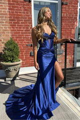 Blue Satin Mermaid Prom Dress 2025 with Spaghetti Strap & Slit – FD5021