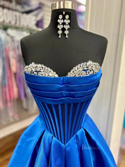 Blue Satin Strapless Prom Dresses with Beaded Sweetheart Neckline & Sheer Boned Bodice - FD5286