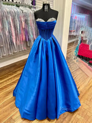 Blue Satin Strapless Prom Dresses with Beaded Sweetheart Neckline & Sheer Boned Bodice - FD5286