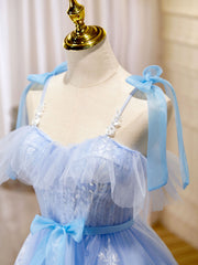Robe de bal courte bleue, robe de retour à la maison mignonne bouffée avec dentelle