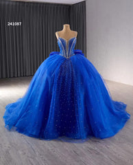 Blue Sparkly Beaded Wedding Gowns Spaghetti Strap Bow Quince Dress 241087