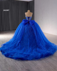 Blue Sparkly Beaded Wedding Gowns Spaghetti Strap Bow Quince Dress 241087