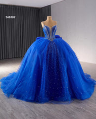 Blue Sparkly Beaded Wedding Gowns Spaghetti Strap Bow Quince Dress 241087