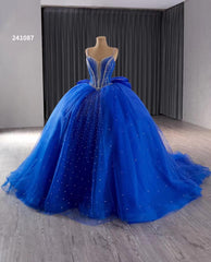 Blue Sparkly Beaded Wedding Gowns Spaghetti Strap Bow Quince Dress 241087
