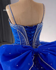 Blue Sparkly Beaded Wedding Gowns Spaghetti Strap Bow Quince Dress 241087